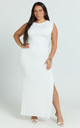 Bel Maxi Dress - Asymmetrical Ruched Side Fitted Dress in White